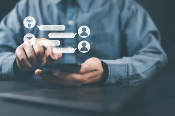Poster - Businessman working digital chatbot application Artificial Intelligence at home for online customer service. AI Chat Technology for Seamless Communication and Customer Engagement.
