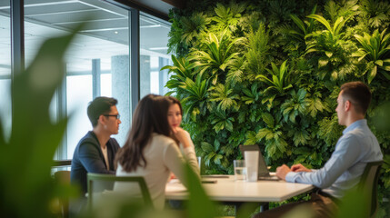 Poster - Collaborative meeting in modern office with green wall, showcasing relaxed atmosphere and teamwork among professionals