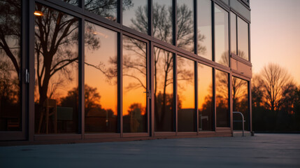 Poster - Stunning sunset reflects on modern glass windows, showcasing silhouettes of trees and serene atmosphere