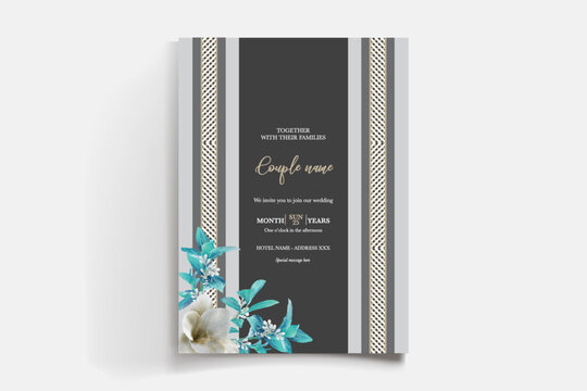 WEDDING INVITATION FRAME WITH FLOWER DECORATIONS AND FRESH LEAVES