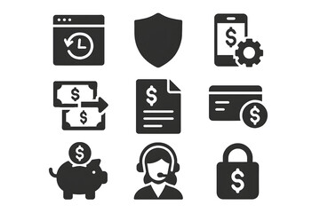 Poster - Finance and Security Glyph Set: A clean and professional glyph set represents finance and security with symbols of transaction, shield, padlock and support