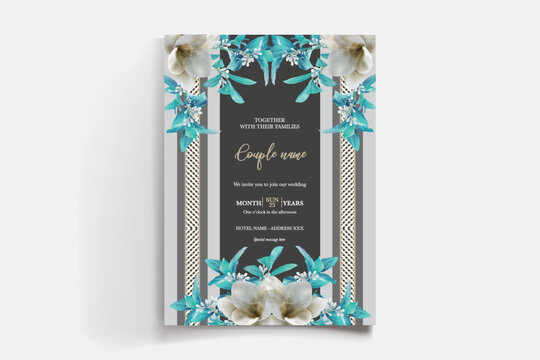 WEDDING INVITATION FRAME WITH FLOWER DECORATIONS AND FRESH LEAVES