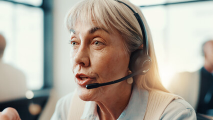 Leinwandbilder - Call center, agent and woman with headset, sales and communication with contact for lead generation. Business, representative and mature person with tech for telemarketing, talking and consultation