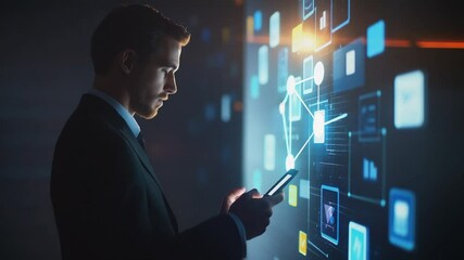 Fototapete - Businessman interacting with holographic interface on a smartphone, future technology