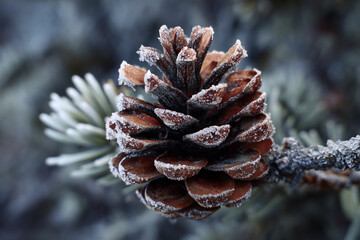 Aufkleber - Close-up of frost-covered pine cone, brown scales with white frost, nature detail, winter scene