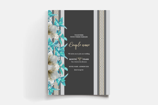 WEDDING INVITATION FRAME WITH FLOWER DECORATIONS AND FRESH LEAVES