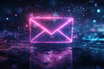 Poster - A glowing pink envelope is displayed on a dark glittering surface. Ideal for illustrating email marketing, newsletters, or online communication.