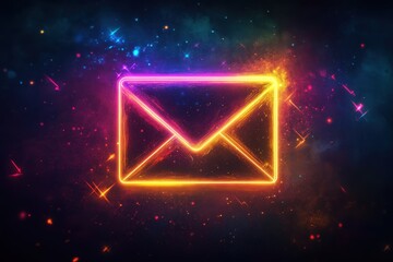 Poster - Glowing neon envelope in space, purple, pink, yellow light, sparks. Great for email marketing, newsletter design, or modern communication.