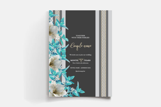 WEDDING INVITATION FRAME WITH FLOWER DECORATIONS AND FRESH LEAVES