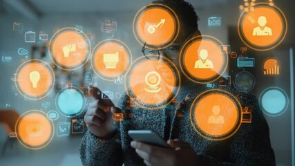 Poster - Digital Connectivity: Man Interacting with Virtual Interface on Smartphone at Home