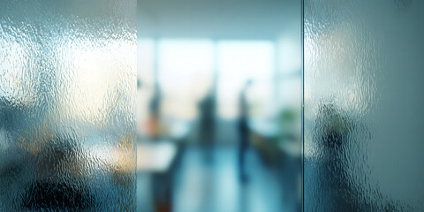 Poster - Textured glass panel, translucent, bluish-green hue, blurred office background visible, suggesting privacy, professionalism, modern design