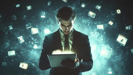 Fototapete - Young man in suit using futuristic augmented reality tablet with floating digital icons