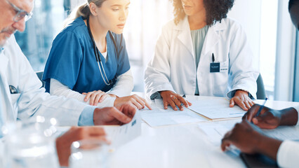 Poster - Healthcare, doctors and nurses with documents in meeting, diagnosis feedback and collaboration. Teamwork, employees and surgeon with paperwork for medical treatment, planning and talking in clinic