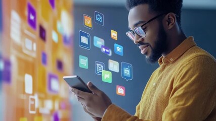 Poster - Man browsing application icons on his smartphone, enhanced user experience concept