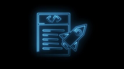 Glowing neon code and rocket animation for startups and software development on black background