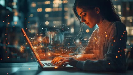 Fototapete - Woman working on laptop with data visualizations overlayed, night city background