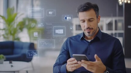 Poster - Businessman using digital interface to access data on his mobile device at home
