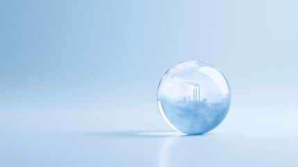 Poster - Transparent sphere reflecting industrial landscape with smokestacks, symbolizing environmental concerns and the impact of pollution on nature and society