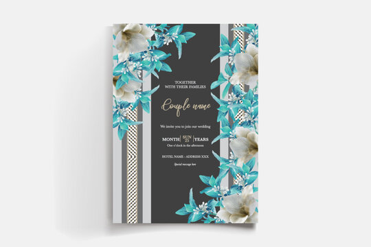 WEDDING INVITATION FRAME WITH FLOWER DECORATIONS AND FRESH LEAVES