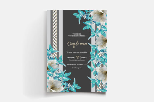 WEDDING INVITATION FRAME WITH FLOWER DECORATIONS AND FRESH LEAVES