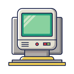 Vintage computer monitor with green screen, power button and menu icon