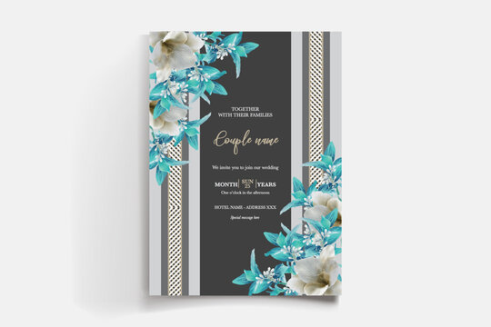 WEDDING INVITATION FRAME WITH FLOWER DECORATIONS AND FRESH LEAVES