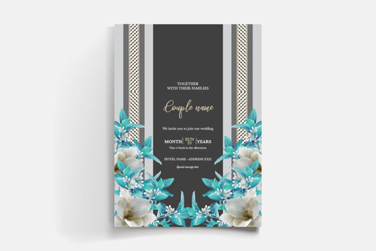 WEDDING INVITATION FRAME WITH FLOWER DECORATIONS AND FRESH LEAVES