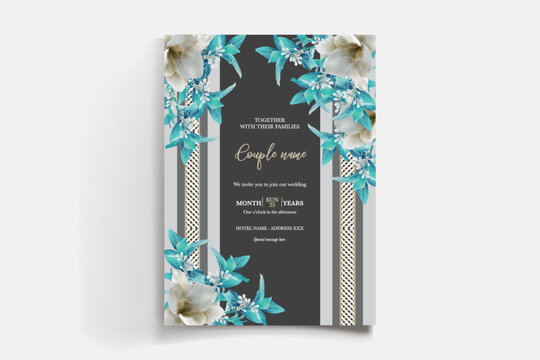 WEDDING INVITATION FRAME WITH FLOWER DECORATIONS AND FRESH LEAVES