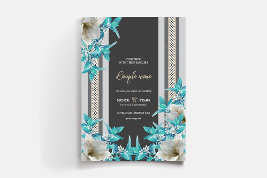 WEDDING INVITATION FRAME WITH FLOWER DECORATIONS AND FRESH LEAVES