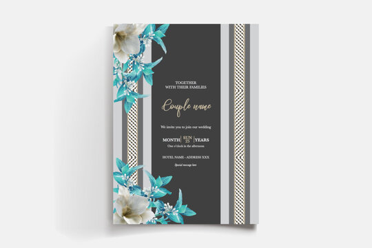 WEDDING INVITATION FRAME WITH FLOWER DECORATIONS AND FRESH LEAVES