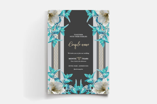 WEDDING INVITATION FRAME WITH FLOWER DECORATIONS AND FRESH LEAVES