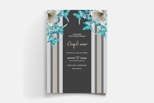 WEDDING INVITATION FRAME WITH FLOWER DECORATIONS AND FRESH LEAVES