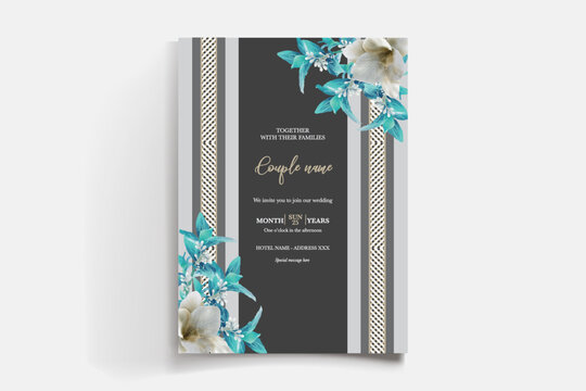 WEDDING INVITATION FRAME WITH FLOWER DECORATIONS AND FRESH LEAVES