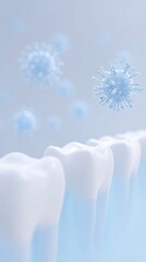 Poster - Dental health concept featuring white teeth with floating bacteria and viruses in a soft blue background illustrating oral hygiene and infection prevention