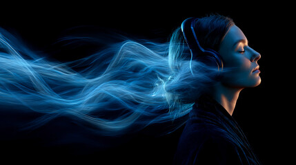 Poster - Woman wearing headphones, blue light trails flowing from her hair, symbolic of immersive music experience, relaxation, and tranquility