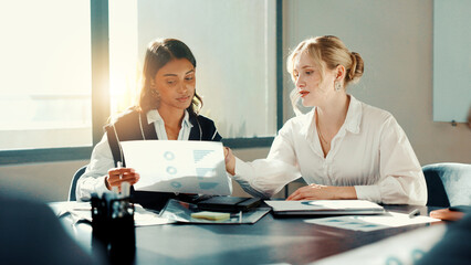 Poster - Charts, review or business women with paperwork for meeting for finance, feedback or budget. Data analysis, documents or financial advisors in office for accounting graphs, teamwork or performance