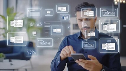 Poster - Businessman using digital interface to access data on his mobile device at home