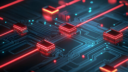 Wall Mural - High Tech Circuit Board Design With Glowing Red Squares
