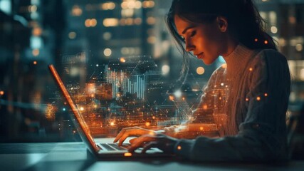 Fototapete - Woman working on laptop with data visualizations overlayed, night city background