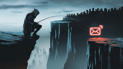 Poster - Dark illustration of a hooded figure fishing for emails from a cliff, symbolizing phishing or online scams targeting a large group of people.  Concept depicts digital danger