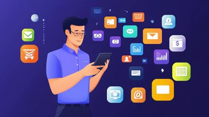 Poster - Engaged man uses mobile device surrounded by application icons and connectivity symbols