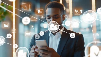 Poster - African American Businessman Using Phone with Abstract Data Visualization Overlay