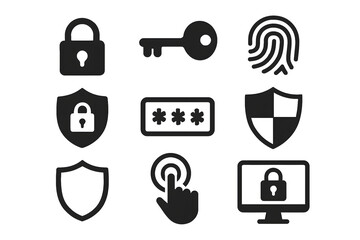Poster - Security Elements and Digital Safety: A visual representation of internet and information security, featuring a key, lock, shield, password, and fingerprint.
