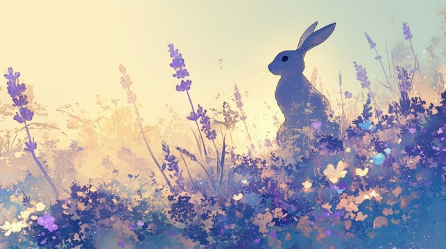 bunny silhouette filled with a field of lavender flowers