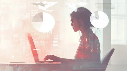 Poster - Woman analyzing data on laptop with digital overlays, business intelligence concept