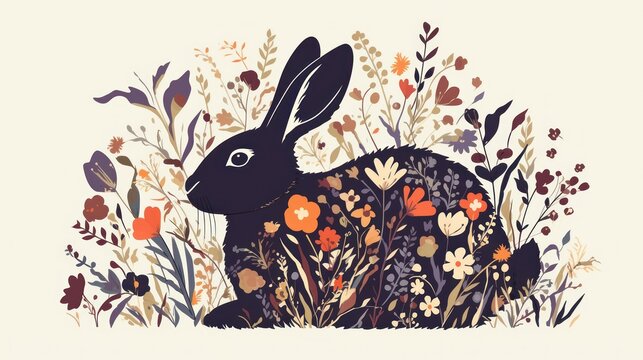 bunny silhouette with floral patterns inside, modern vector art style