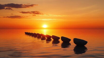 Wall Mural - A row of rocks is visible at sunset over a calm, orange-colored sea. Ideal for travel, mindfulness, or inspirational concepts and designs.