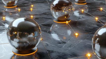 Wall Mural - Metallic Spheres Interconnected On Dark Marble Surface