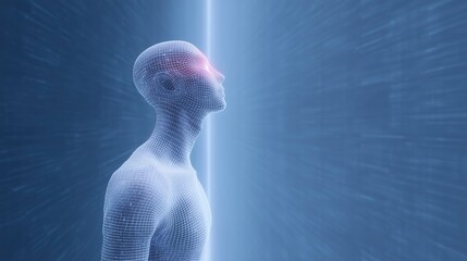 Fototapete - Futuristic digital human figure with glowing eyes, depicted in a wireframe style, standing against a dynamic background of light and motion, symbolizing advanced technology and innovation