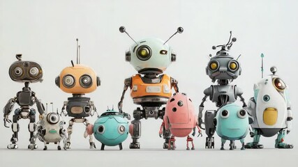 Poster - Group of Adorable Vintage-Style Robots Standing Together on a Plain Background